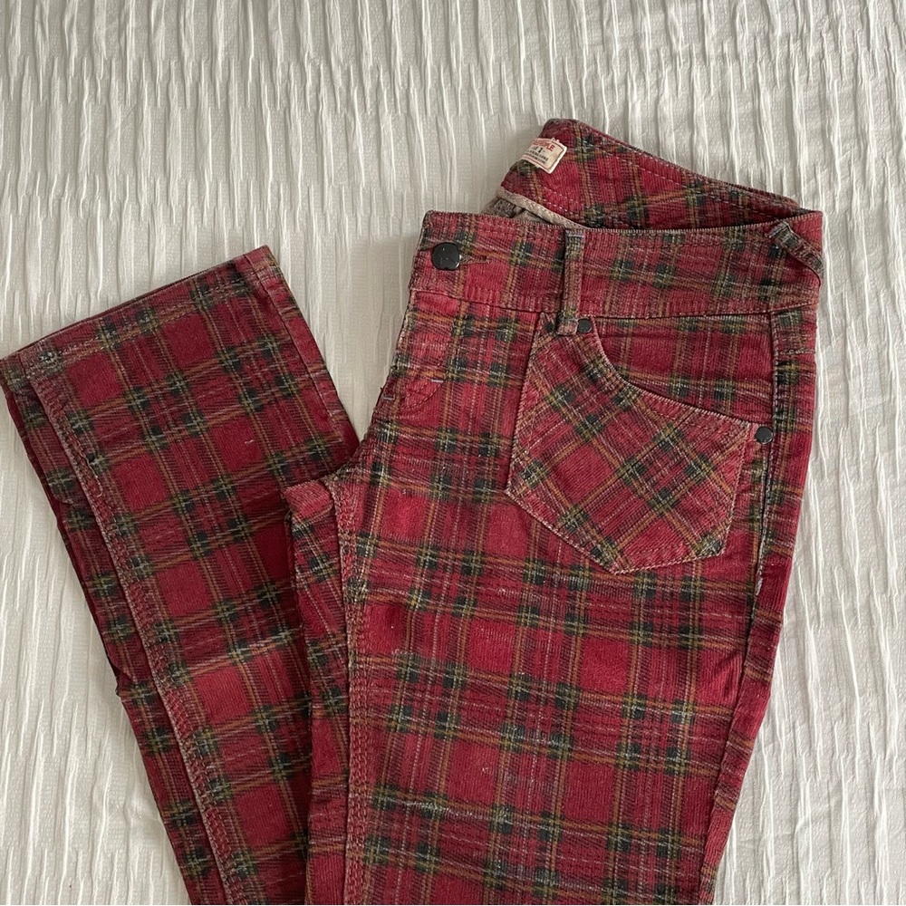 Free People Plaid Burgundy Black Corduroy Low Waist Pants - Picture 2 of 16